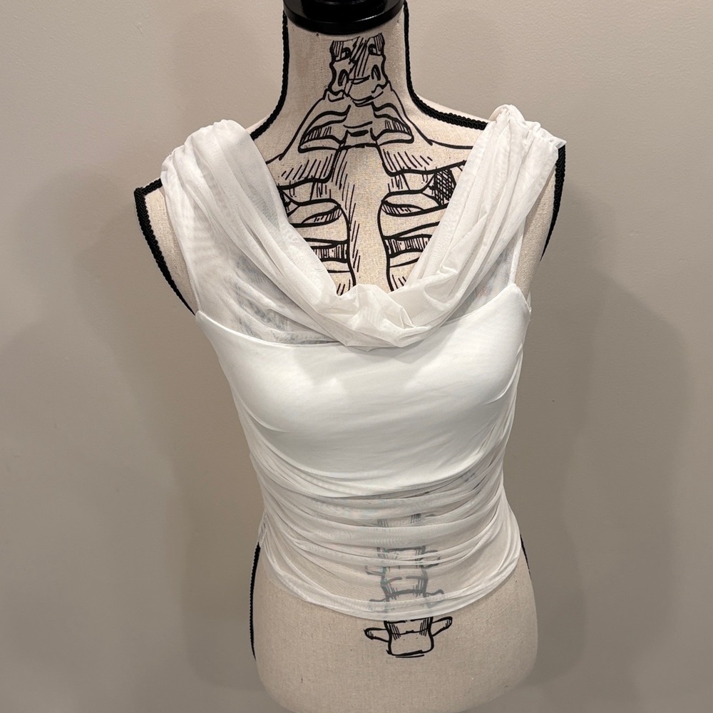 Alice + Olivia White Mesh Draped Blouse Pre- Owned